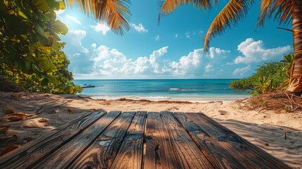 Idyllic Tropical Beach View From Wooden Deck Under Sunny Sky