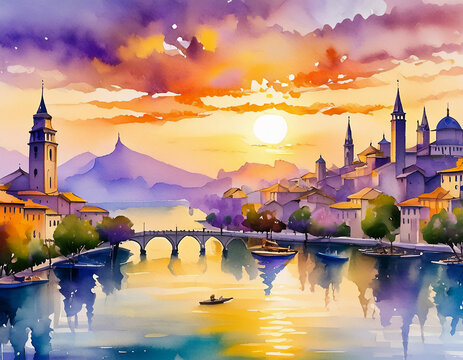 watercolor travel scene of town illustration picturesque landscape sunset river background