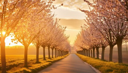 Spring's Splendor: A Magnificent Cherry Blossom Avenue in Full Bloom. Generative AI
