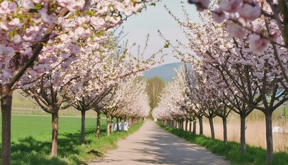 Fototapeta premium Cherry Blossom Wonderland: Walking Through a Spectacular Springtime Scene. Generative AI