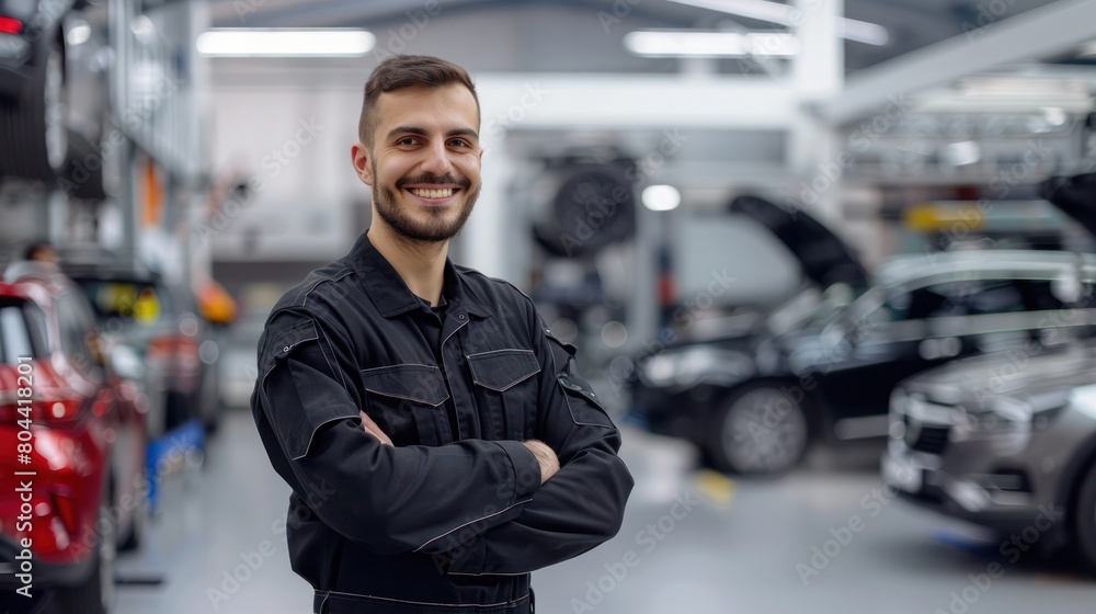 Poster portrait of a smiling auto mechanic in uniform standing with arms crossed and smiling at the camera 