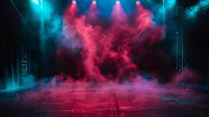 A stage enveloped in rich crimson smoke illuminated by a teal blue spotlight, casting a dramatic, intense mood.