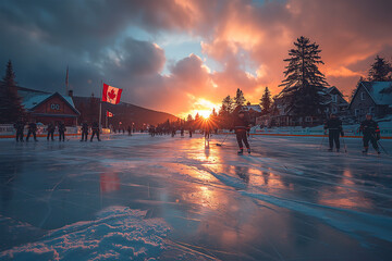 Hockey game played outdoors on a makeshift rink, capturing the spirit of Canada's national sport