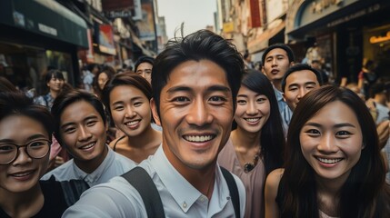 A group of friends are taking a selfie together in a crowded street. They are all smiling and having a good time. The background is blurred, but you can see that they are in a busy city.