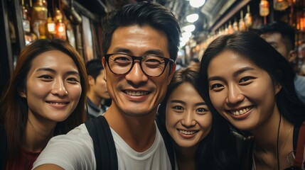 Four happy friends taking a selfie together in a crowded street.