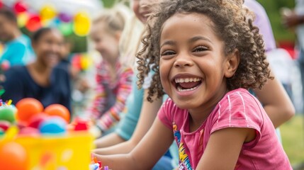 A young girl with a smile on her face as she enjoys playing with various toys on the floor.