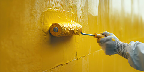 painter's hand with a painting roller paints wall yellow close-up