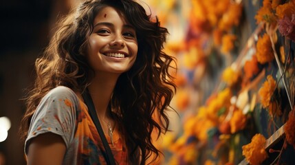 A young woman with long brown hair smiles in front of a colorful wall. She is wearing a white shirt and has a bindi on her forehead.