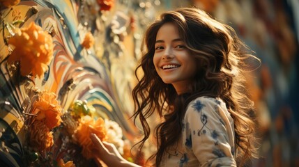 A beautiful young woman with long, flowing hair smiles happily as she poses in front of a colorful mural.