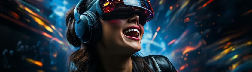A young woman wearing a VR headset is immersed in a virtual world. She is smiling and excited. The background is a blur of color and light.