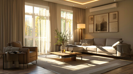 Interior of light living room with sofa coffee table a