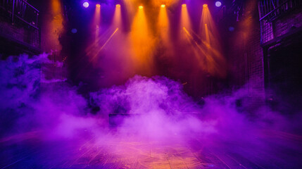 A stage shrouded in electric violet smoke under a golden yellow spotlight, offering a bold, vibrant feel.
