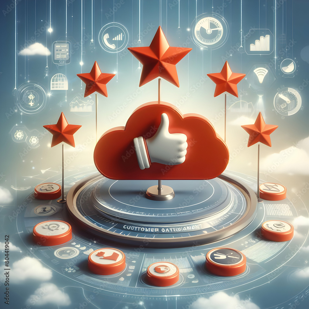 Poster dynamic 3d illustration depicting exceptional customer satisfaction and key business elements with u