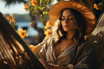 A beautiful young woman wearing a straw hat is relaxing in a hammock.