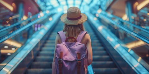 High angle full body of anonymous girl wearing straw hat and lilac backpack standing alone on moving escalator at airport