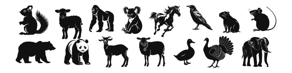 Set of black silhouette wild forest and domestic animals. Vector illustration isolated on white. Collection animals