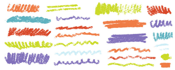 Colorful dry brush marks set, pencil squiggles and scribbles collection. Hand drawn crayon various lines, spirals and doodles. Multi colored rough highlighters, chalk strokes, pencil dividers. Vector
