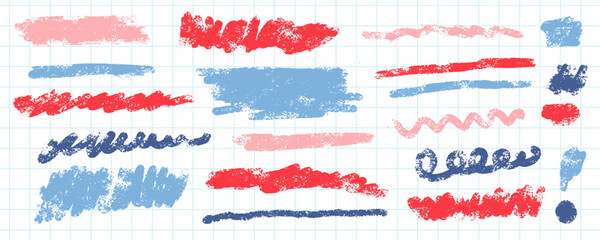 Childish Crayon brush stroke color underlines set. Chalk pen highlight stroke collection. Rough hand drawn brush underline elements for accent, emphasis element. Color kid chalk vector illustration