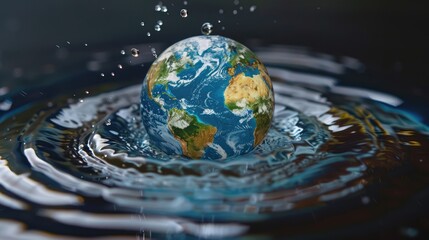 Earth globe inside a water drop falling in slow motion. Perfect for ecological concepts