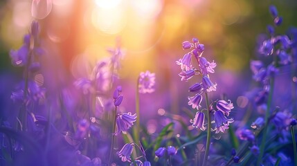 Purple wildflowers, specifically bluebells, blooming in the spring or summer season.

