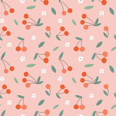 cute summer pattern with cherry flowers on a pink background.
