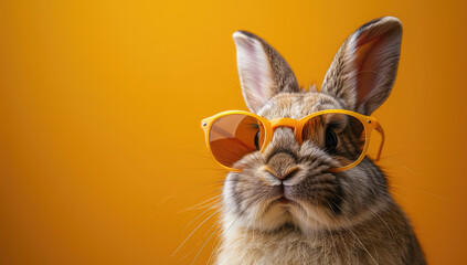 A cute rabbit wearing sunglasses on a solid colored, yellow orange background. Created with Ai