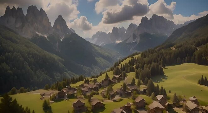 Drone flies smoothly forwards framing Sass de Putia in cloud-kissed Dolomites Chalets dot lush hills as drone drifts above them capturing serene village Near La Val Italy LuPa Creative