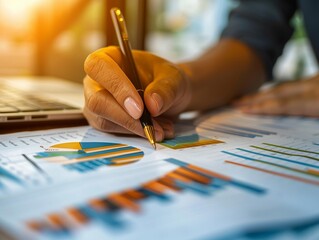 Writing a financial report, business accounting concept.