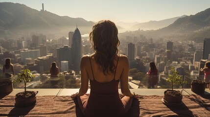 A young woman sits on a rooftop in a lotus position, meditating. She is wearing a brown dress and has her hair in a bun. The city is in the background and is out of focus.