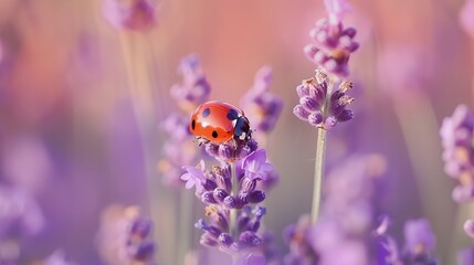 A macro photograph featuring a seven-spot ladybug (Coccinella septempunctata) resting on a lavender flower.