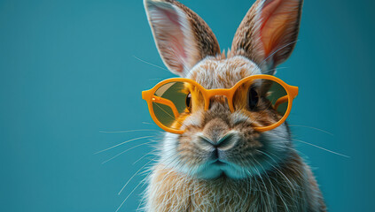 A cute brown rabbit wearing yellow sunglasses in a closeup portrait against a blue background....