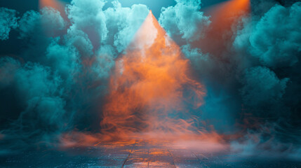 A stage with thick sky blue smoke illuminated by a warm orange spotlight, providing a serene, calming atmosphere.