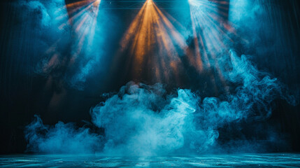 A stage with thick sky blue smoke under a rich amber spotlight, providing a serene, dreamy contrast.