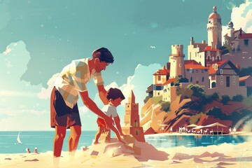 A father and child building a sandcastle on a sunny beach, celebrating Father's Day by the sea.