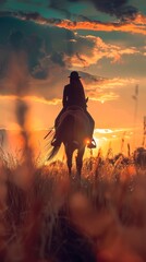 Woman riding horse in countryside during sunset