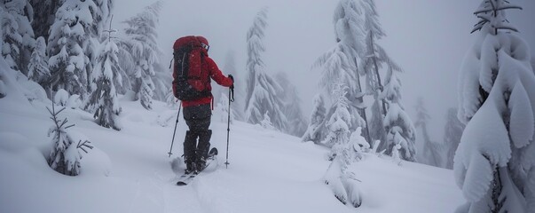 Man backcountry skis through snowy environment