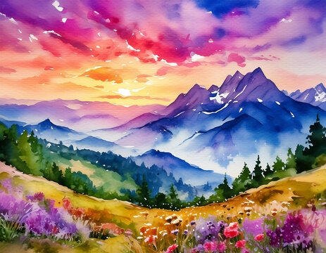 watercolor sunset in the mountains background scenic landscape backdrop