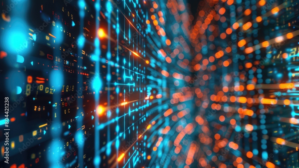 Poster 3d illustration of futuristic digital tunnel with blue and orange binary code