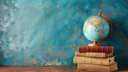 Vintage globe on stack of old books against textured blue wall