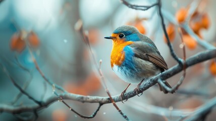 Vibrant robin perched on bare branch against soft blue-orange backdrop