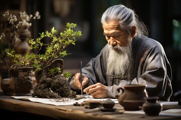 A wise old man is carefully tending to a bonsai tree. He is dressed in traditional Chinese clothing and has a long white beard. The background is blurry and contains a few other bonsai trees.
