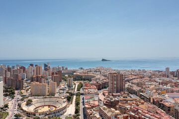 Aerial photo of the town of Benidorm in Spain showing buildings and apartments in the town and the...