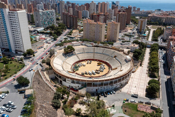 Aerial photo of the town of Benidorm in Spain showing buildings and apartments in the town and the...