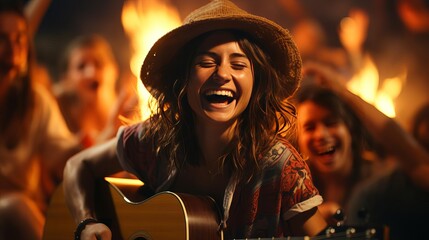 A young woman playing guitar and singing around a bonfire with her friends. The woman is wearing a straw hat and a floral shirt. She is smiling and laughing. The background is blurry and out of focus.