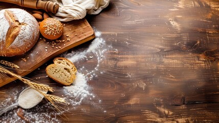 Artisan bread and wheat ears on wooden table dusted with flour - Powered by Adobe