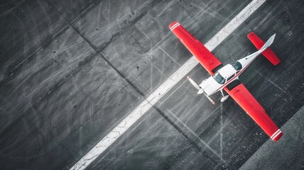 Aerial view of red single-engine airplane on gray tarmac - Powered by Adobe