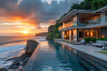 Beachfront villa, sunrise, backlit profile with ocean in the background, high color saturation,