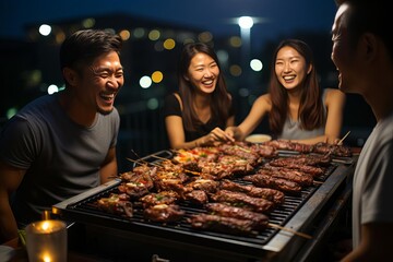 A group of four friends are having a barbecue on a rooftop in the city. They are laughing and talking. There is a grill full of food. The city lights are in the background.