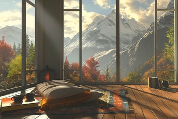 Mountain landscape outside window, details on windowsill. Outside view of bright mountains. Luxury...