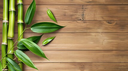 Obraz premium Bamboo stalks and leaves on wooden background